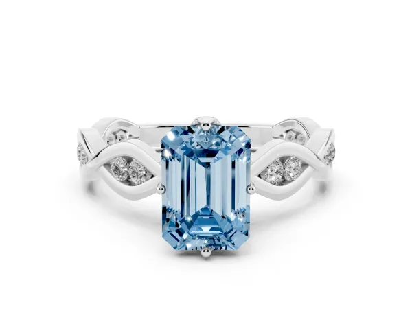 Fancy Blue Emerald Cut Solitaire Twist Band with Leaf Prong Setting Platinum