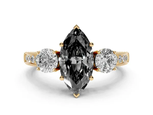 Fancy Black Marquise Cut Three-Stone Diamond Ring with Pavé Band and Four-Prong Setting Yellow gold