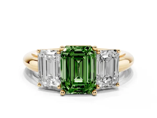 Fancy Green Three-Stone Emerald Cut Cut Diamond Engagement Ring with Prong Setting on a White Gold Band Yellow gold