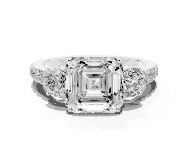 Asscher Cut Cut Diamond Three-Stone Ring with Round Side Stones and Pavé Band Platinum