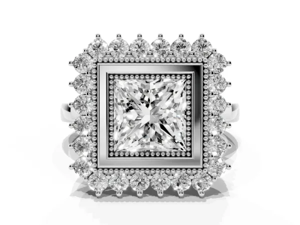 Princess Cut Halo Diamond Ring with Milgrain Edge and Round Prong Setting White gold