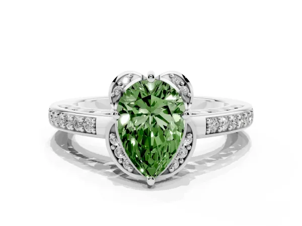 Fancy Green Pear Cut Cut Halo Diamond Ring with Channel Set Band and Four-Prong Setting White gold