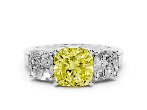 Fancy Yellow Three-Stone Cushion Cut Cut Diamond Engagement Ring with Flat Band and Four-Prong Setting Platinum