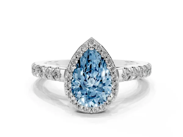 Fancy Blue Pear Cut Cut Halo Diamond Engagement Ring with Pave Band and Four-Prong Setting Platinum