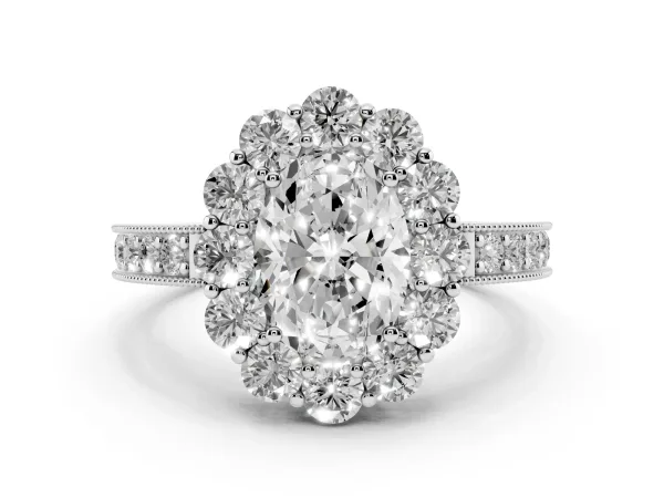 Oval Cut Cut Halo Diamond Pavé Engagement Ring with Milgrain Detailing Platinum