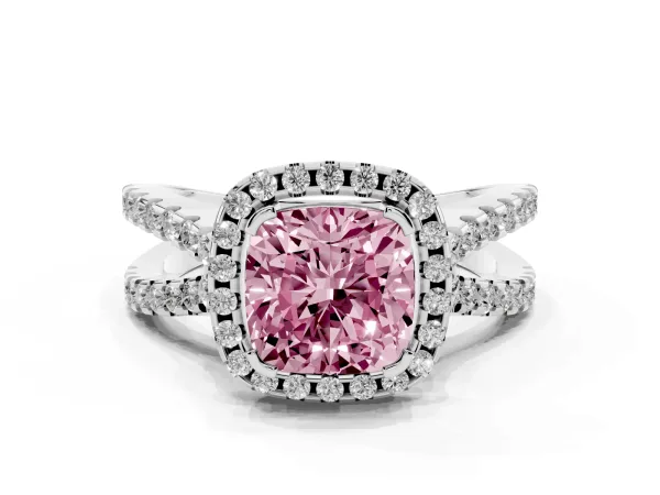 Fancy Pink Cushion Cut Diamond Halo Ring with Split Shank Pavé Band and Prong Setting Platinum