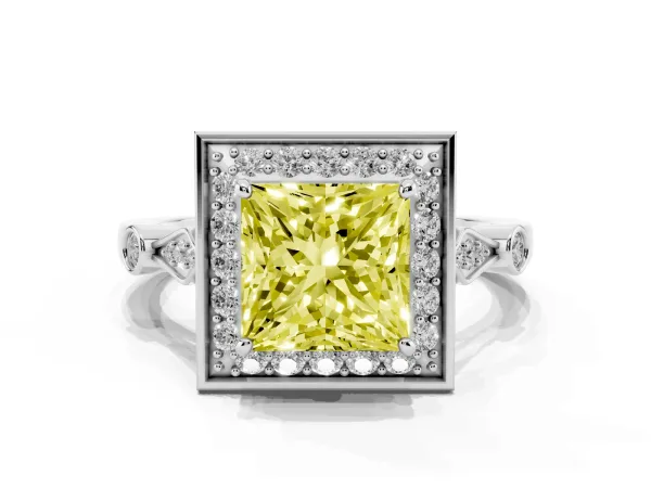 Fancy Yellow Princess Cut Halo Diamond Engagement Ring with Twisted Band and Four-Prong Setting Platinum