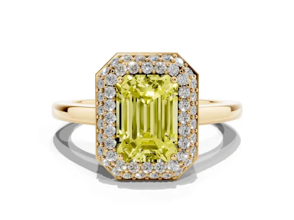 Fancy Yellow Emerald Cut Halo Diamond Engagement Ring with Solitaire Band and Four-Prong Setting Yellow gold