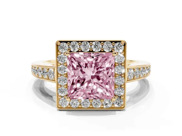 Fancy Pink Princess Cut Halo Pavé Diamond Engagement Ring with Bezel Setting Yellow gold