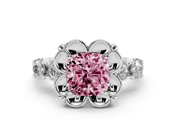 Fancy Pink Cushion Cut Cut Diamond Floral Halo Engagement Ring with Shared Prong Setting Platinum