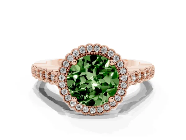 Fancy Green Round Cut Cut Halo Pavé Solitaire Ring with Milgrain Band Rose gold