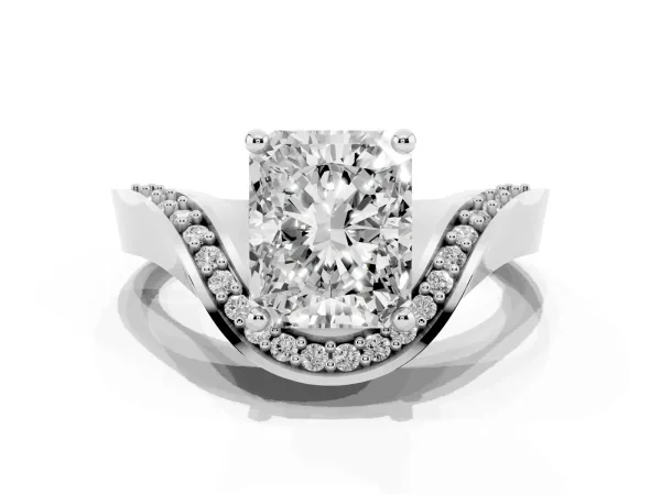 Radiant Cut Solitaire Diamond Engagement Ring with Pave Band and Four-Prong Setting White gold