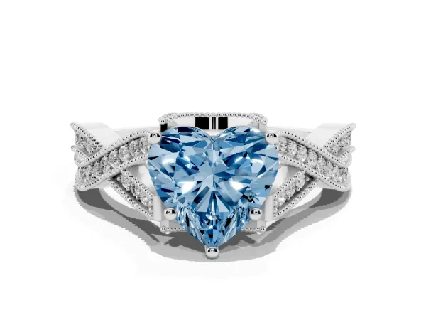 Fancy Blue Heart Cut Cut Diamond Twisted Band with Milgrain Pave Setting and Four-Prong Setting Platinum