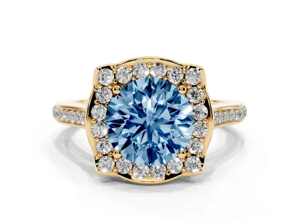 Fancy Blue Round Cut Halo Round Diamond Pave Band with Four-Prong Setting Yellow gold