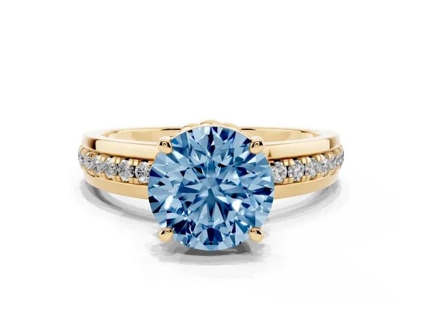 Fancy Blue Round Cut Solitaire Diamond Ring with Channel Set Band and Six-Prong Setting Yellow gold