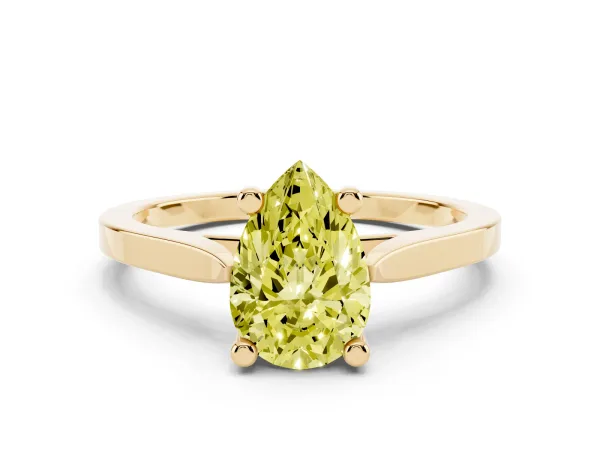 Fancy Yellow Pear Cut Solitaire Diamond Ring with Four-Prong Setting and Tapered Band Yellow gold