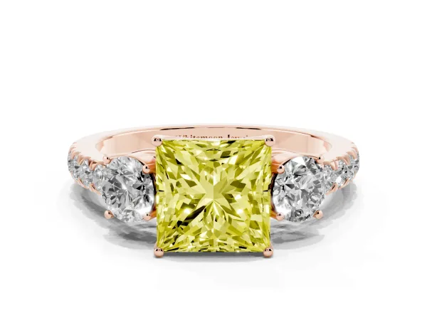Fancy Yellow Princess Cut Cut Diamond Three-Stone Ring with Round Side Stones and Pavé Band Rose gold