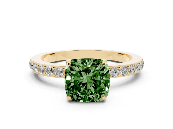 Fancy Green Cushion Cut Diamond Solitaire Engagement Ring with Pavé Band and Four-Prong Setting Yellow gold