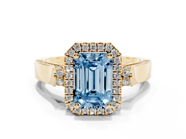 Fancy Blue Emerald Cut Halo Pave Split Shank Prong Setting Ring Yellow gold