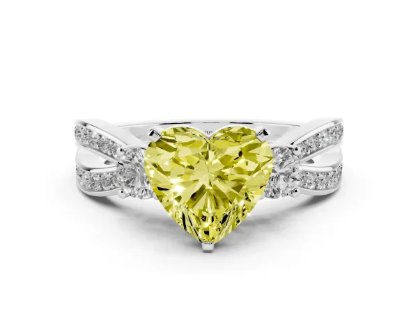 Fancy Yellow Three-Stone Heart Cut Cut Diamond Twist Band with Prong Setting White gold