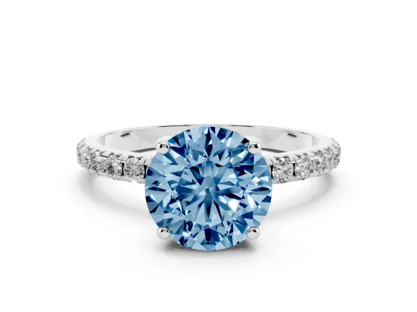 Fancy Blue Round Cut Cut Diamond Solitaire Ring with Micro Pave Band and Four Prong Setting Platinum