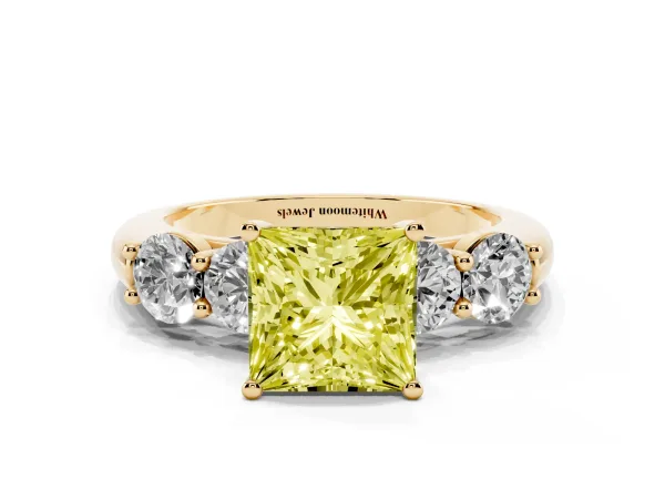 Fancy Yellow Princess Cut Cut Five-Stone Prong Set Diamond Ring with Classic Band Yellow gold