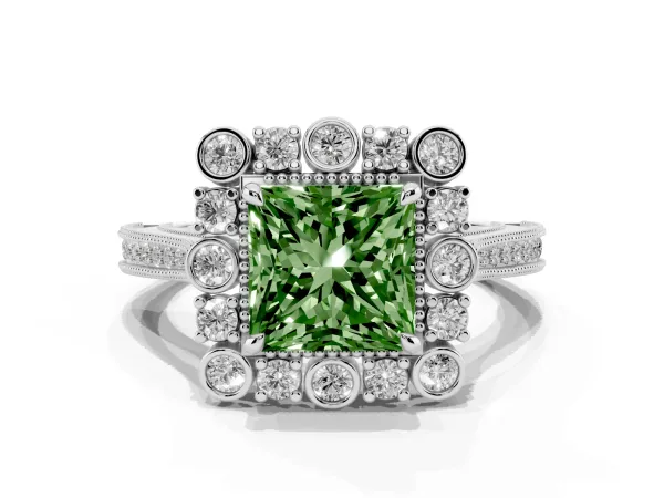 Fancy Green Princess Cut Halo Milgrain Pave Diamond Ring with Four-Prong Setting White gold