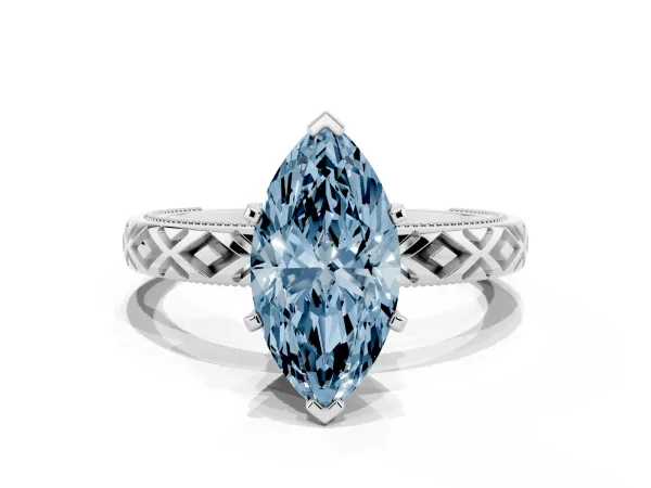 Fancy Blue Marquise Cut Solitaire Diamond Ring with Milgrain and Black Enamel X Pattern Band White gold