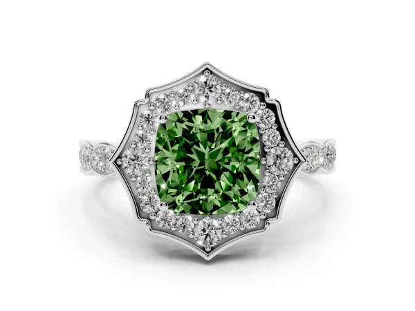 Fancy Green Cushion Cut Halo Diamond Engagement Ring with Milgrain Band and Four-Prong Setting White gold