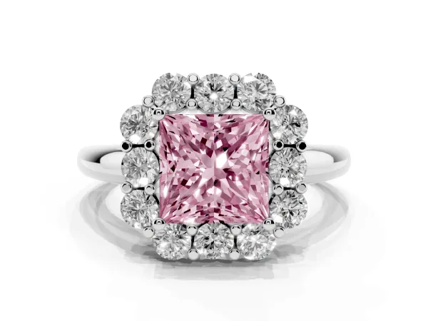 Fancy Pink Princess Cut Halo Milgrain Solitaire with Bezel Set Side Stones and Pave Band White gold