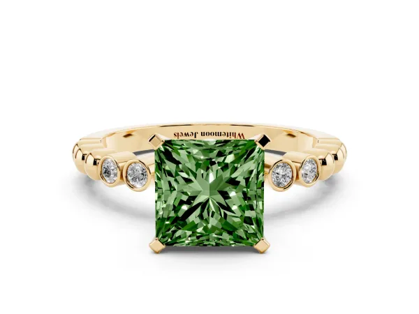 Fancy Green Princess Cut Solitaire Bezel Accent Diamond Engagement Ring with Beaded Band and Four-Prong Setting Yellow gold