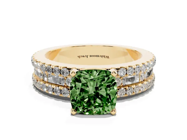 Fancy Green Cushion Cut Diamond Solitaire Ring with Pavé and Channel Set Band Yellow gold