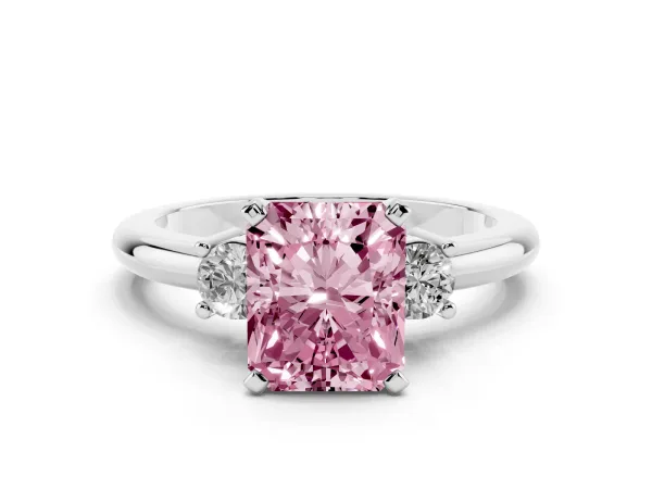 Fancy Pink Three-Stone Radiant Cut Cut Diamond Solitaire with Prong Setting and Classic Band Platinum