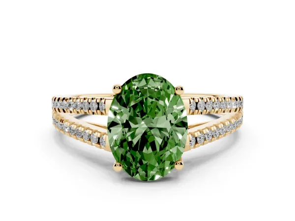 Fancy Green Oval Cut Diamond Solitaire Engagement Ring with Split Shank Pavé Band Yellow gold