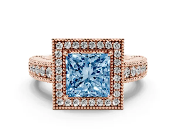 Fancy Blue Princess Cut Cut Halo Diamond Ring with Pavé Band and Four-Prong Setting Rose gold
