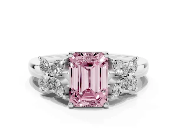 Fancy Pink Emerald Cut Diamond Floral Cluster Ring with Solitaire Band and Prong Setting Platinum