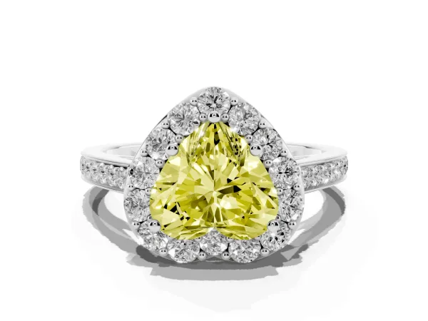 Fancy Yellow Heart Cut Diamond Floral Halo Ring with Pavé Band and Prong Setting Platinum