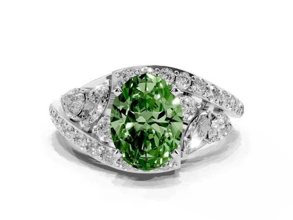 Fancy Green Oval Cut Diamond Halo Ring with Marquise and Pavé Band in Prong Setting White gold