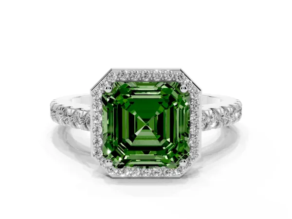 Fancy Green Asscher Cut Cut Halo Diamond Engagement Ring with Pave Band and Four-Prong Setting White gold