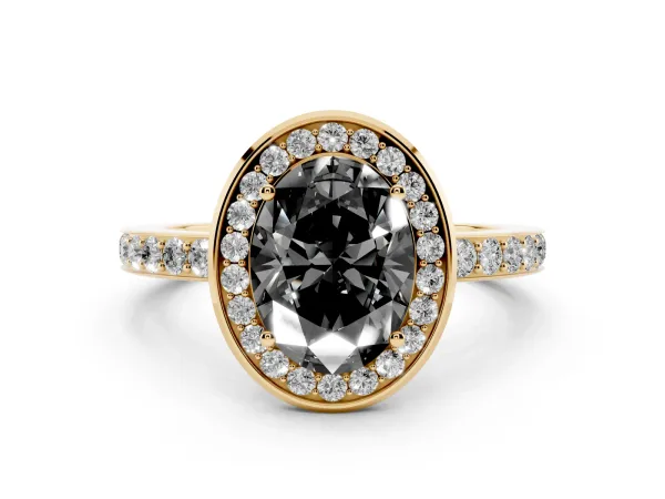 Fancy Black Oval Cut Diamond Halo Ring with Bezel Frame and Pavé Band Yellow gold