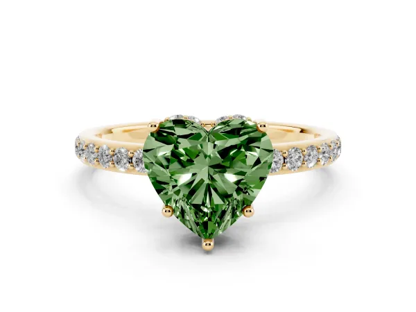 Fancy Green Heart Cut Diamond Solitaire Ring with Pavé Band and Hidden Halo Yellow gold