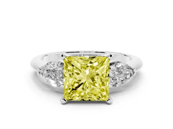 Fancy Yellow Three-Stone Princess Cut Diamond Ring with Pear Side Stones and Four-Prong Setting White gold