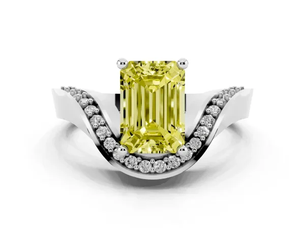 Fancy Yellow Emerald Cut Solitaire Diamond Engagement Ring with Pave Band and Four-Prong Setting White gold