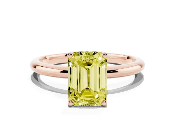 Fancy Yellow Emerald Cut Cut Solitaire Engagement Ring with Four-Prong Setting and Classic Band Rose gold