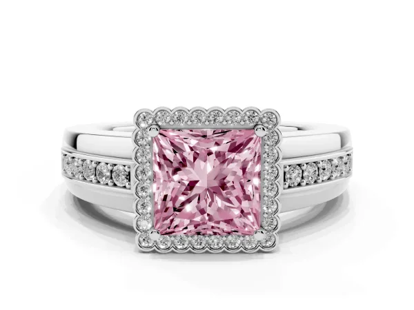 Fancy Pink Princess Cut Cut Halo Pave Band Four-Prong Ring Platinum