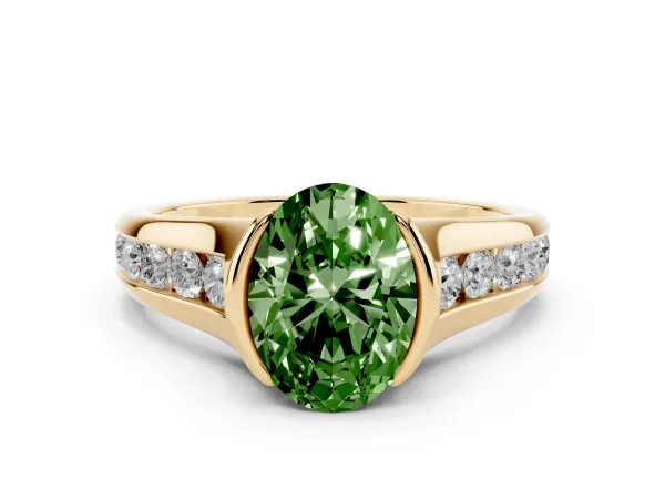 Fancy Green Oval Cut Solitaire Bezel-Set Diamond Ring with Channel-Set Band Yellow gold