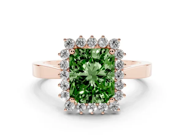 Fancy Green Radiant Cut Cut Diamond Halo Ring with Round Brilliant Halo and Solitaire Band Rose gold