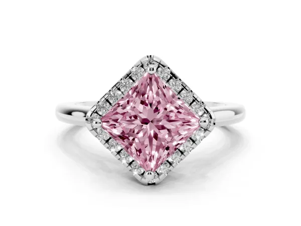 Fancy Pink Princess Cut Halo Round Diamond Solitaire Engagement Ring with Pave Band and Four-Prong Setting White gold