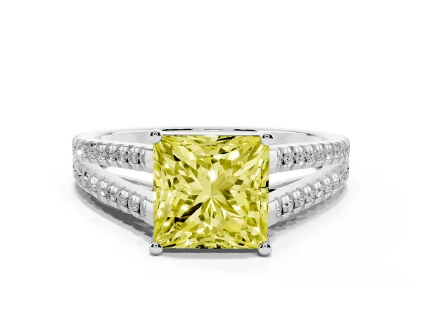 Fancy Yellow Princess Cut Diamond Solitaire Engagement Ring with Split Shank Pavé Band Platinum