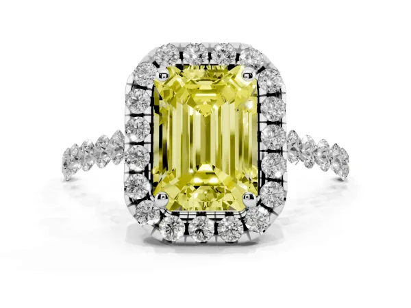 Fancy Yellow Emerald Cut Halo Pavé Diamond Engagement Ring with Four-Prong Setting White gold